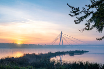 View of the Pivnichnyi Bridge on the Dnieper river in Kiev, Ukraine