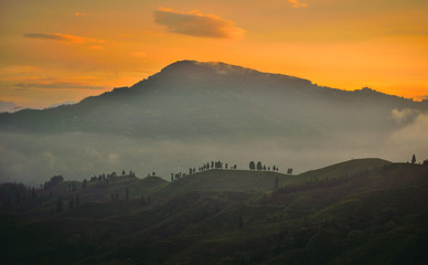 Sunset over high mountains in Mirik. Darjeeling	