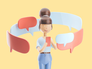 3d illustration. girl sends sms