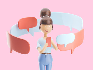 3d illustration. girl sends sms