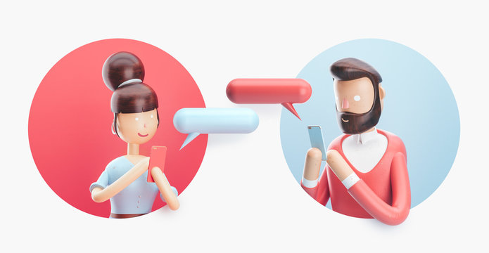 3d illustration. Online chat between a guy and a girl