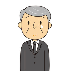 二頭身　男性　シニア　微笑みを浮かべ泣いているおじいちゃん　喪服