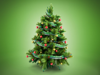 Christmas tree with colorful toys 3d render isolated on green