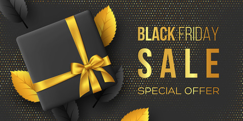 Black Friday sale poster or banner. Luxury design with leaves, box and realistic golden silk bow on dotted background. Concept for seasonal discounts. Vector illustration.