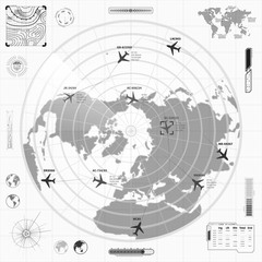 Black and white military radar display with with planes traces and target signs