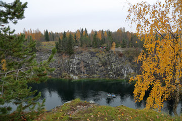 Picturesque autumn landscape in the Karelian mountain park Ruskeala, Russia
