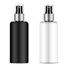 Black and white sprayer bottle set with transparent lid for for cosmetic, perfume, deodorant, freshener. Realistic Vector Illustration isolated on background.