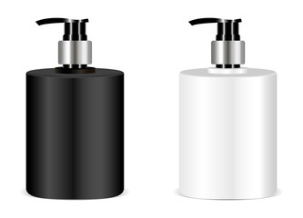 Obraz premium Black and white soap bottle mockup. Vector illusrtation. 3d realistic bottles with pump set for soap, cream, liquid, Isolated on white background.