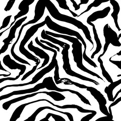 Brush painted zebra seamless pattern. Black and white stripes grunge background.