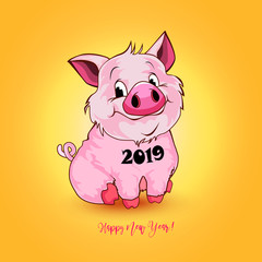 Cute funny pig. Happy New Year. Chinese symbol of the 2019 year. Excellent festive gift card. Vector illustration on yellow background