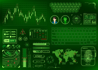 Futuristic bright green futuristic user interface concept with charts, diagrams, buttons, maps and keyboards