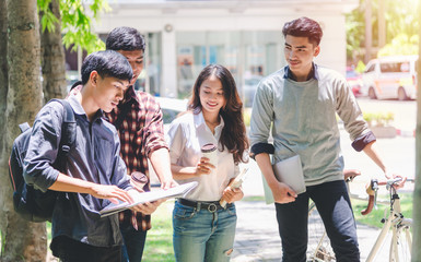 Group of students are walking in the exchange of knowledge and enjoy learning in the university educational concepts and technology.