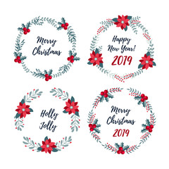 Set of Christmas wreath. Merry Christmas and Happy New Year 2019 greeting card.