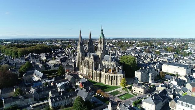 Bayeux, Aerial view of medieval Cathedral of Notre Dame, Calvados department of Normandy, France