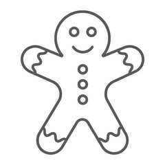 Gingerbread man thin line icon, christmas and sweet, cookie sign, vector graphics, a linear pattern on a white background.