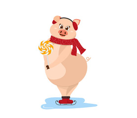 Winter activities sport. Isolated vector illustration. Shy pig stands on ice skating in a scarf and headphones. holding a lollipop.