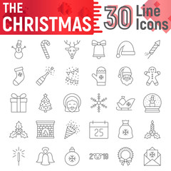 Christmas thin line icon set, new year symbols collection, vector sketches, logo illustrations, xmas signs linear pictograms package isolated on white background.