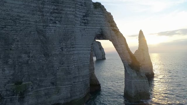 France, Normandy, Aerial view of Etretat Aval cliff, rocks and natural arch landmark.