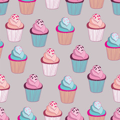 Beautiful yummy cupcake seamless background pattern. Vector illustration