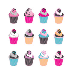 Set of 12 cute cupcakes isolated on white background. Vector illustration
