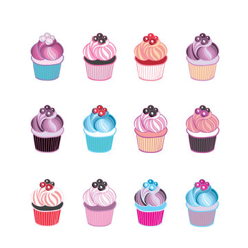 Set of 12 cute cupcakes isolated on white background. Vector illustration