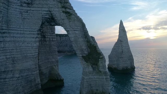 France, Normandy, Aerial view of Etretat Aval cliff, rocks and natural arch landmark.