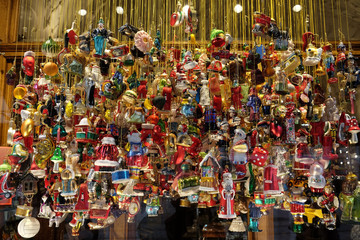 Stall with decorations for winter holidays at traditional annual Christmas market in Zagreb, Croatia 