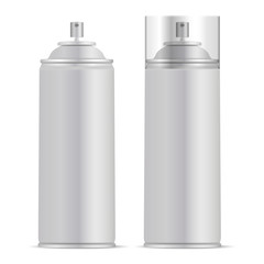 Aluminium Spray Can with Lid Vector mockup illustration. Realistic package for paint, aerosol, deodorant isolated on white background.