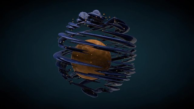 Abstract Sphere Wrapped Loop. an abstract graphic element of an orange spere inside a wrapped texture spinning