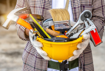 Equipment of carpenter in helmet