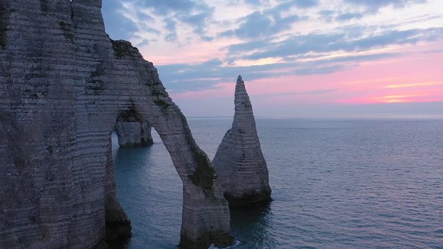 France, Normandy, Aerial view of Etretat Aval cliff, rocks and natural arch landmark.