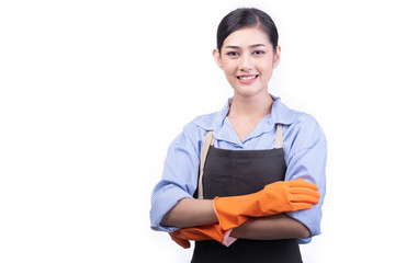 House cleaning service woman isolated in white.