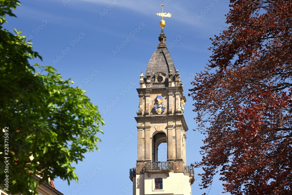 Wall mural spitze des reichenturms zwischen zwei bäumen vor strahlend blauem himmel