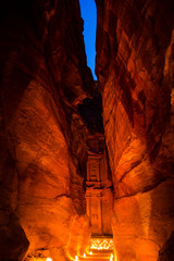 Petra, Jordan, 8th June. Incredible view of the Treasury at Petra. Viewed at night, the temple is illuminated by candles three times a week.