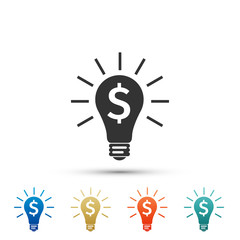 Light bulb with dollar symbol business concept icon isolated on white background. Money making ideas. Set elements in colored icons. Flat design. Vector Illustration