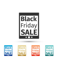 Tablet PC with Black Friday Sale text on screen icon isolated on white background. Set elements in colored icons. Flat design. Vector Illustration