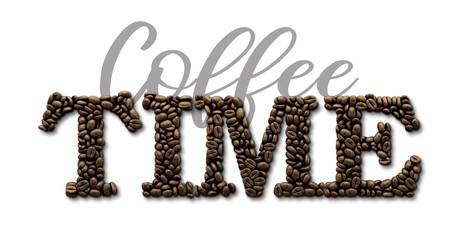 Coffee time typography quote. Coffee bean design lettering quote. 3D Rendering