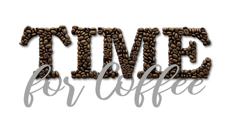 Time for Coffee typography quote. Coffee bean design lettering quote. 3D Rendering
