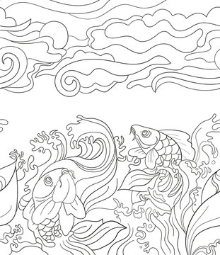 Seamless pattern with japanese carps. Tile background for your design, fabric textile, wallpaper or wrapping paper. Beautiful doodle fish and plants