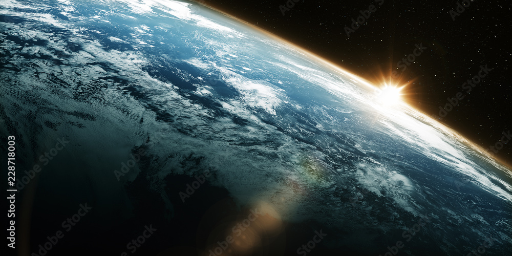 Poster a view of the earth, rotating in its orbit, from outer space/3d rendering earth with a sun-baked sid