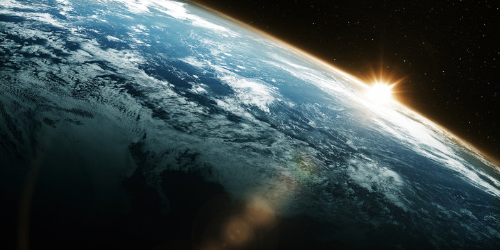 A view of the Earth, rotating in its orbit, from outer space/3D Rendering  Earth with a sun-baked side and a dark side with the lights of cities. A view of the Earth, rotating in its orbit
