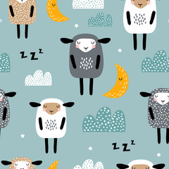 Seamless pattern with cute sleeping sheep, moon, clouds. Creative good night background. Perfect for kids apparel,fabric, textile, nursery decoration,wrapping paper.Vector Illustration
