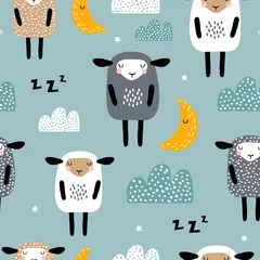 Behang Slapende dieren Naadloze patroon met schattige slapende schapen, maan, wolken. Creatieve goede nacht achtergrond. Perfect voor kinderkleding, stof, textiel, kinderkamerdecoratie, inpakpapier. Vectorillustratie