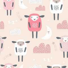 Seamless pattern with cute sleeping sheep, moon, clouds. Creative good night background. Perfect for kids apparel,fabric, textile, nursery decoration,wrapping paper.Vector Illustration