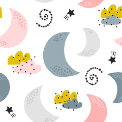 Seamless childish pattern with moons, clouds, stars. Creative kids texture for fabric, wrapping, textile, wallpaper, apparel. Vector illustration