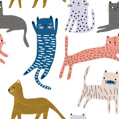 Seamless pattern with cute colorful cats. Creative childish texture. Great for fabric, textile Vector Illustration