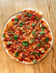 Pizza with meat and barbecue sauce