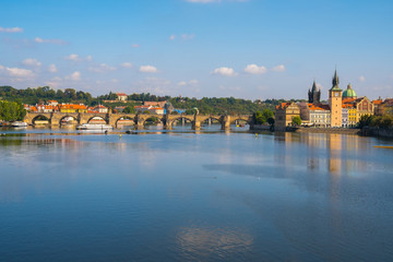 Pedestrians only Charles Bridge over Vltava river in Prague, Czech Republic
