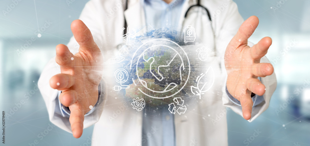 Poster docotor holding a world globe surronding by ecology icons and connection 3d rendering