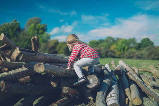 Little toddler is climbing on a pile of logs in the forest